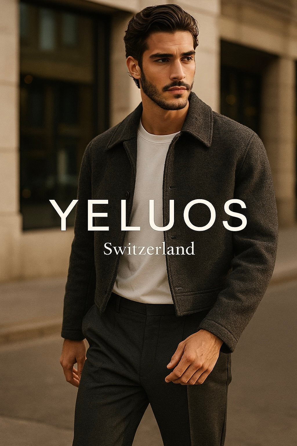 A striking portrait of a man in minimalist tailoring layered over a white T-shirt, standing in front of Swiss stone architecture. The photograph feels international yet distinctly Swiss in its understated refinement.